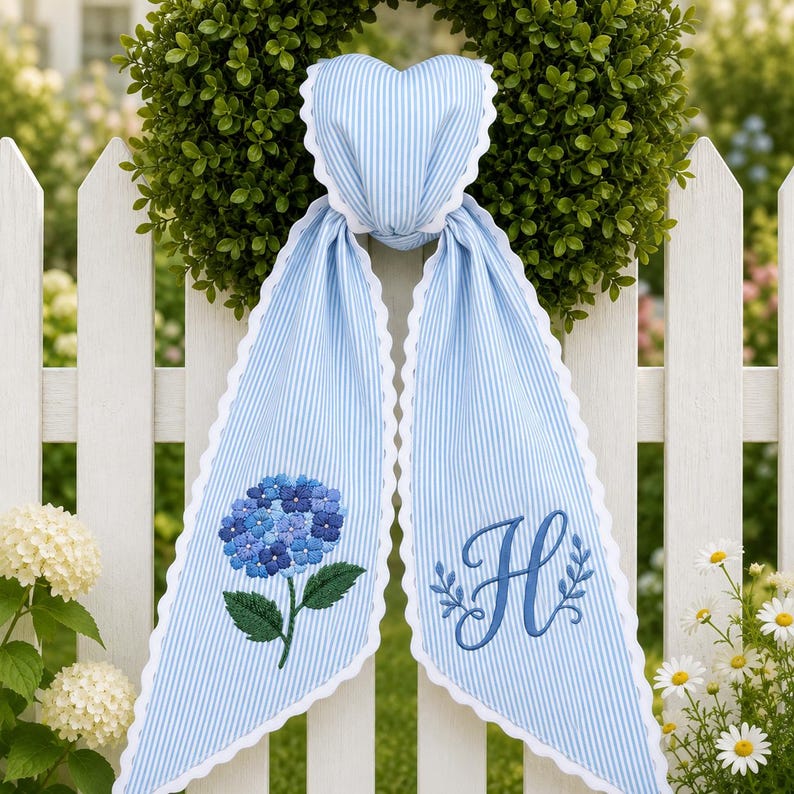 Custom Embroidery Hydrangea Wreath Sash, Personalize Monogram Bow Wedding Decor, Ticking Stripe Front Porch Wreath Bow