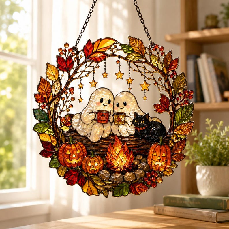 Halloween Ghost Acrylic Suncatcher, Cozy Campfire Window Hanging With Black Cat, Pumpkins and Autumn Leaves
