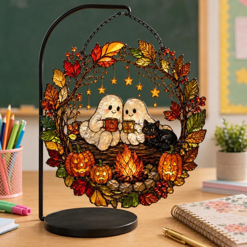 Halloween Ghost Acrylic Suncatcher, Cozy Campfire Window Hanging With Black Cat, Pumpkins and Autumn Leaves