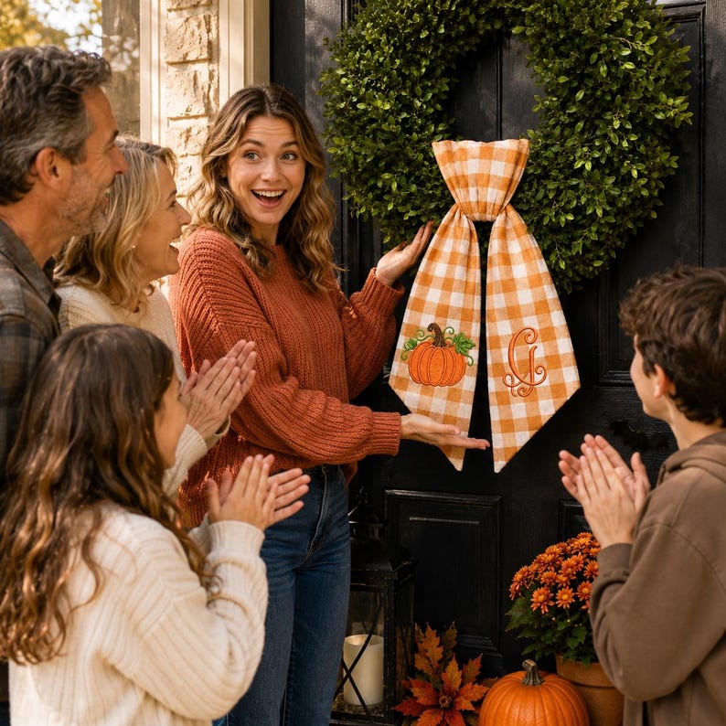 Personalized Pumpkin Wreath Sash, Embroidered Fall Monogram Gingham Door Bow, Thanksgiving Decor