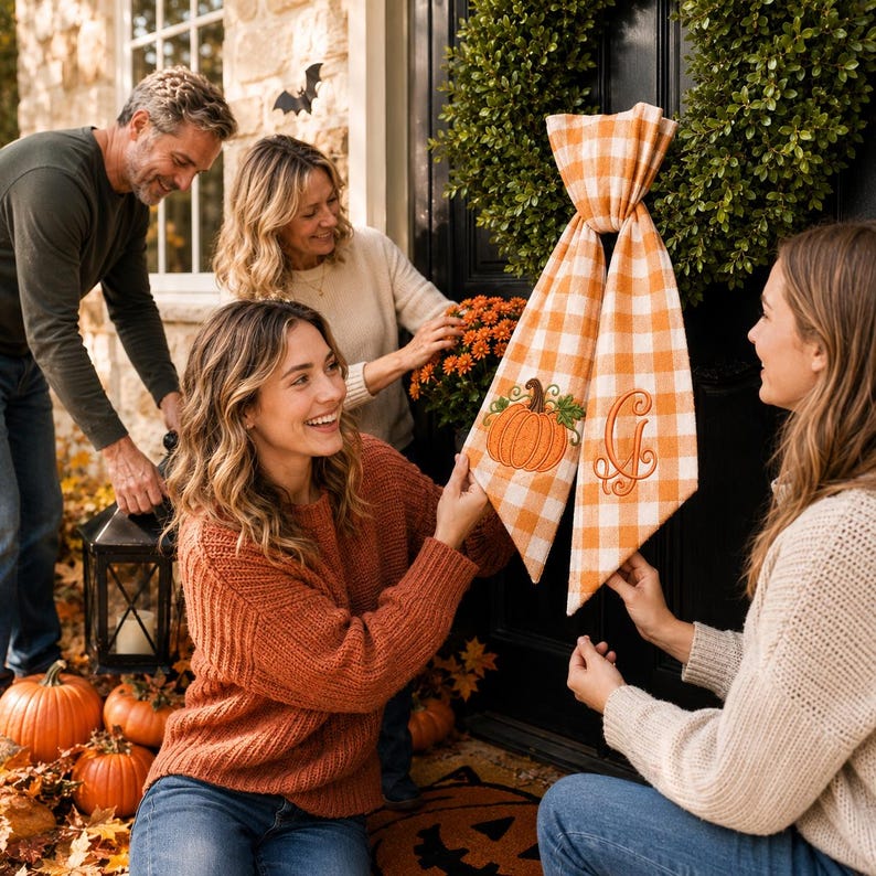 Personalized Pumpkin Wreath Sash, Embroidered Fall Monogram Gingham Door Bow, Thanksgiving Decor