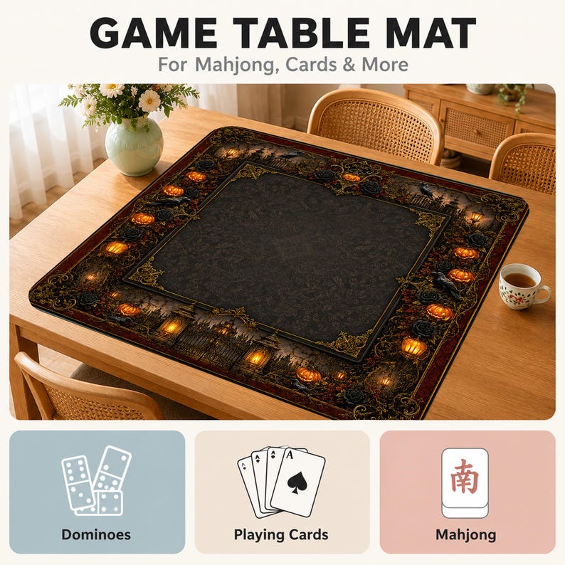 Mahjong Mat, Dark Pumpkin Mah Jongg Table Mat, Haunted Garden Game Mat, Gothic Raven Halloween
