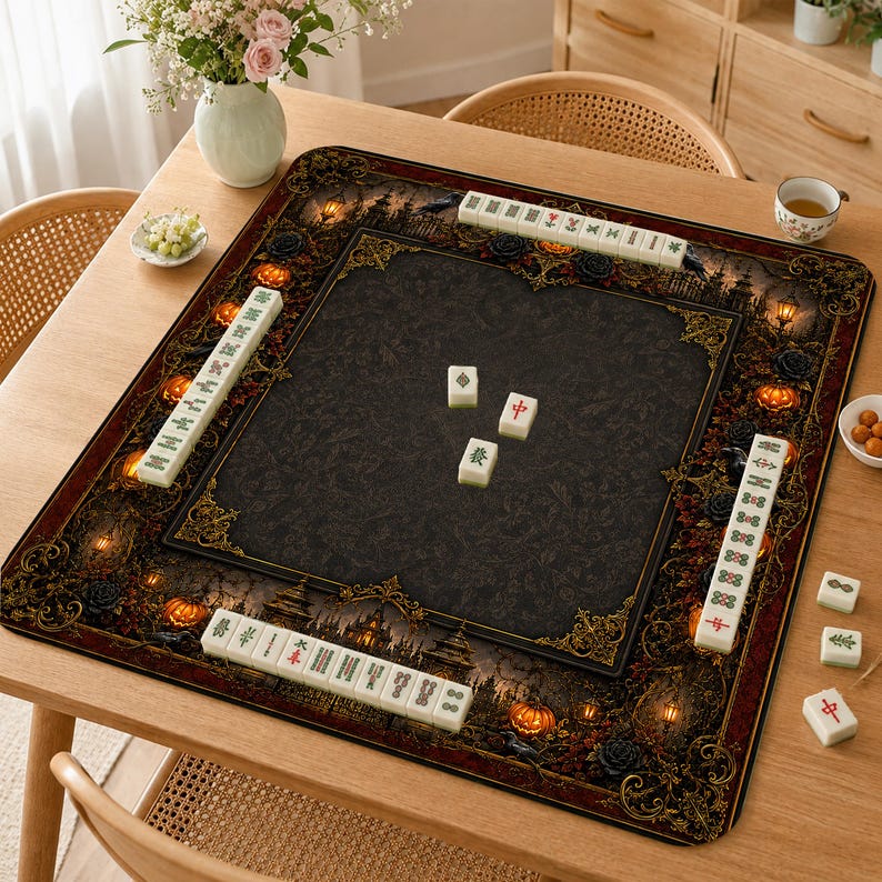 Mahjong Mat, Dark Pumpkin Mah Jongg Table Mat, Haunted Garden Game Mat, Gothic Raven Halloween