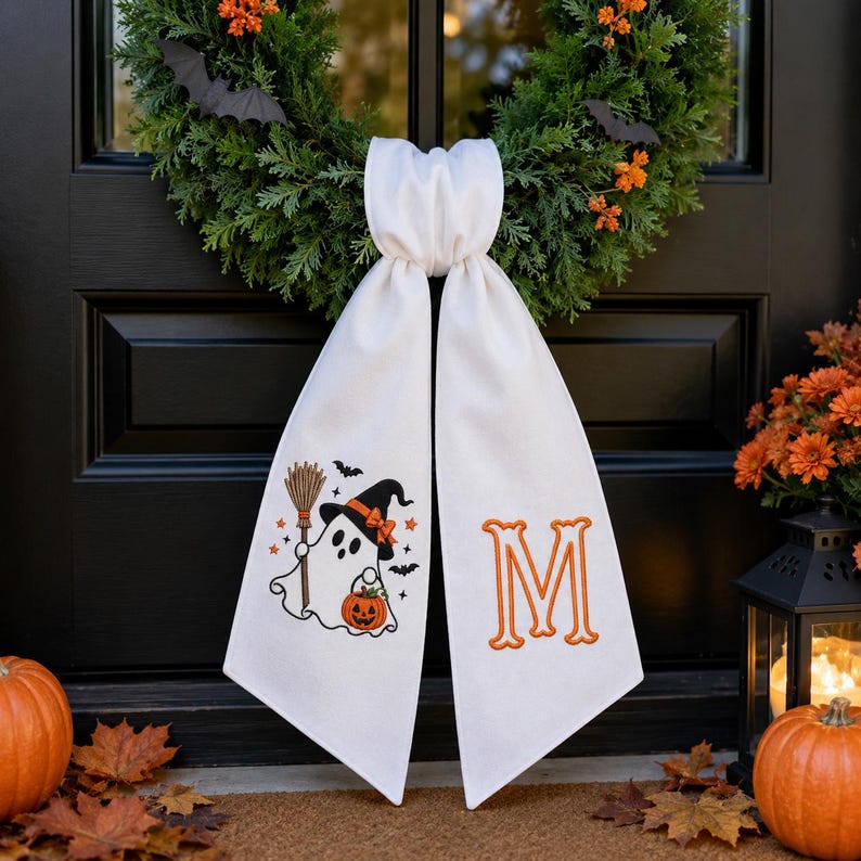 Custom Embroidered Witch Ghost Halloween Wreath Sash, Monogrammed Fall Decor, Pumpkin Bow For Wreath