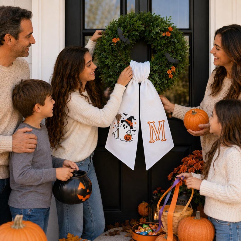 Custom Embroidered Witch Ghost Halloween Wreath Sash, Monogrammed Fall Decor, Pumpkin Bow For Wreath