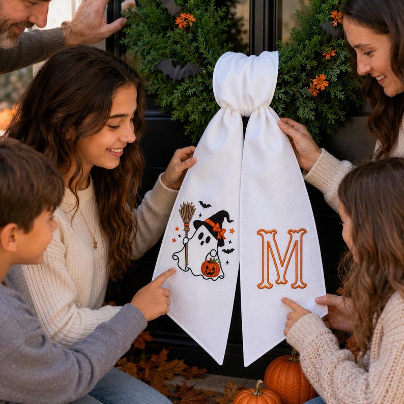 Custom Embroidered Witch Ghost Halloween Wreath Sash, Monogrammed Fall Decor, Pumpkin Bow For Wreath