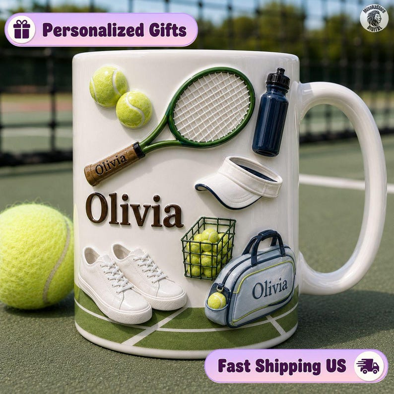 Tennis Racket Name Court Mug, Green Ball Visor Coffee Mug, Tennis Player Gear Bag Mug, Sport Court Sneaker Mug