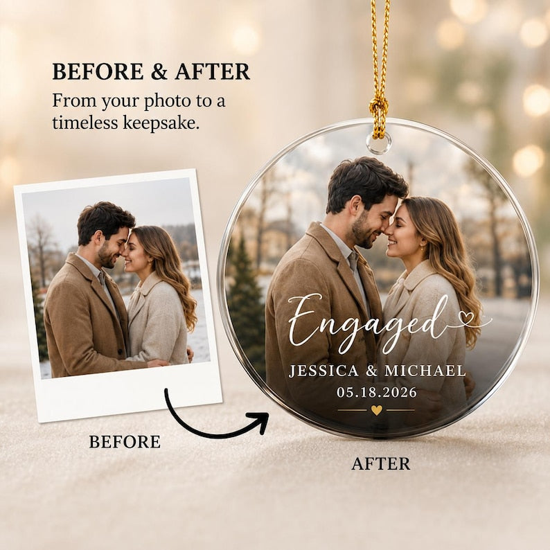 Personalized Engagement Photo Ornament, Custom Photo Glass Ornament, First Christmas Engaged Gift for Couple