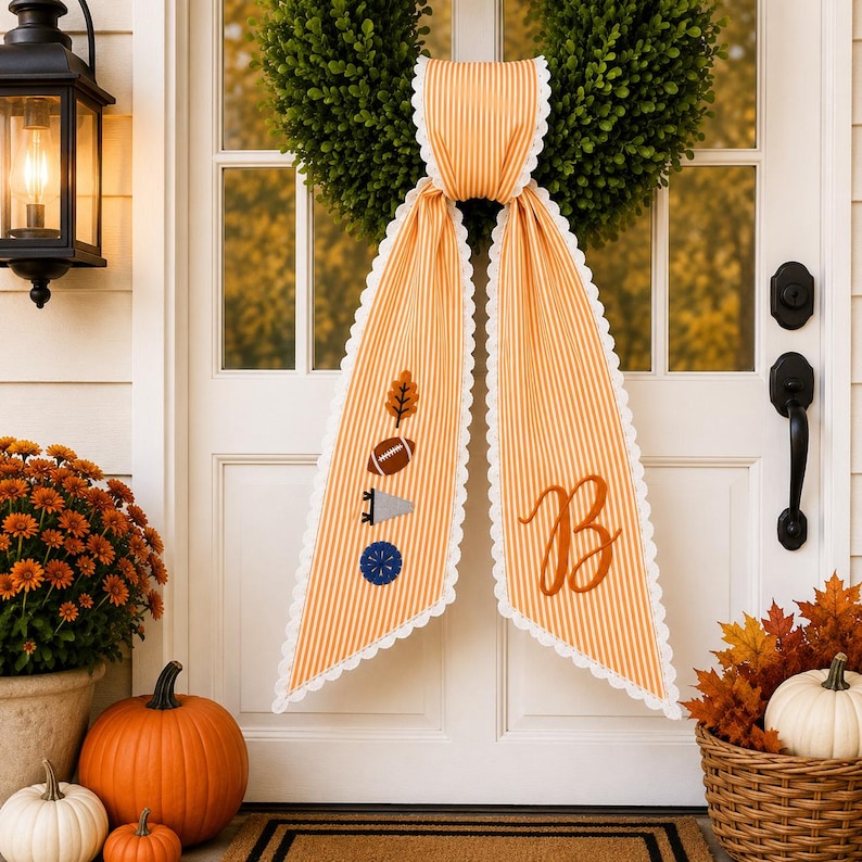 Custom Football Wreath Sash, Personalized Seasonal Monogram Door Sash, Game Day Embroidered Fall Wreath Bow