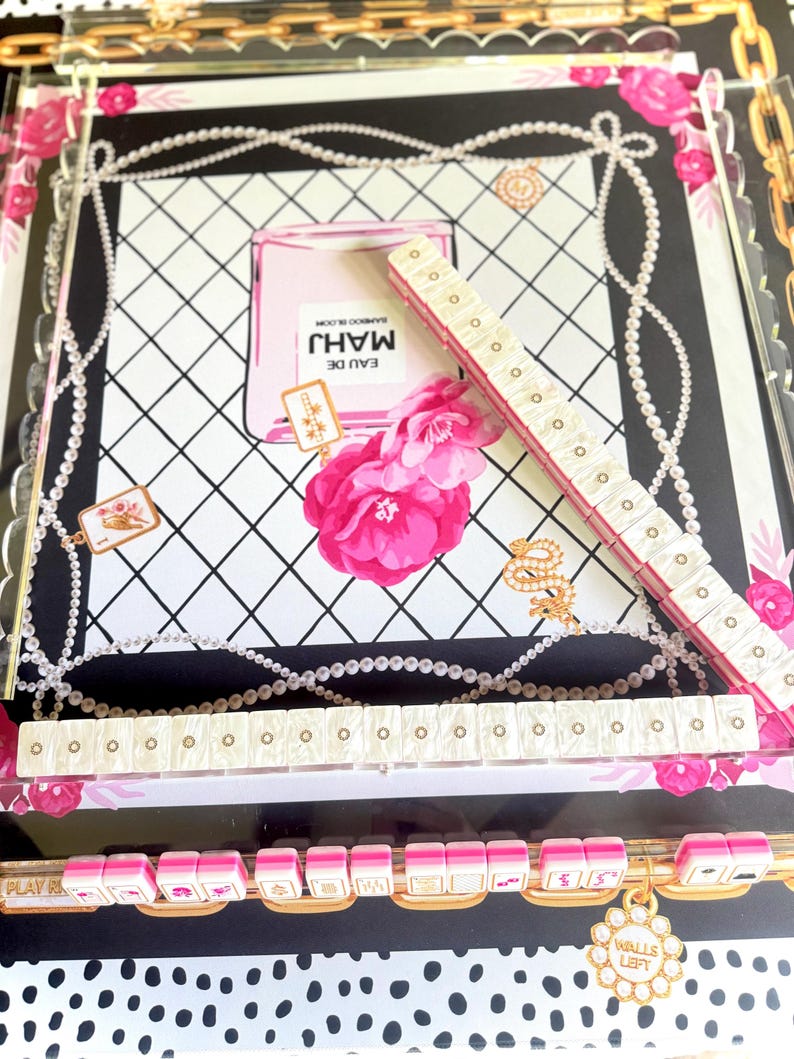 Eau de Mahj Mahjong Mat, Pink Floral B&W Mahjong Mat, Perfume Style Icon, Luxury Fashionista, Blossoms