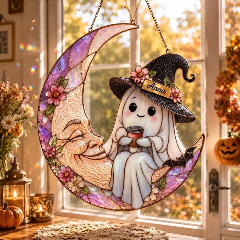 Custom Name Boo Coffee Suncatcher, Personalized Halloween Decor, Cute Ghost Ornament, Gift for Coffee Lover