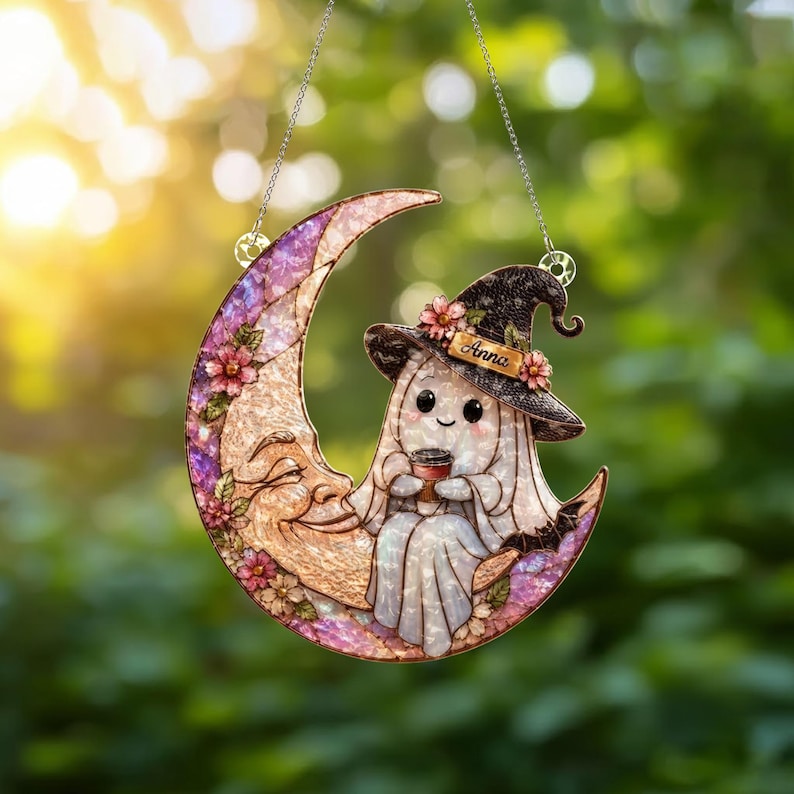 Custom Name Boo Coffee Suncatcher, Personalized Halloween Decor, Cute Ghost Ornament, Gift for Coffee Lover