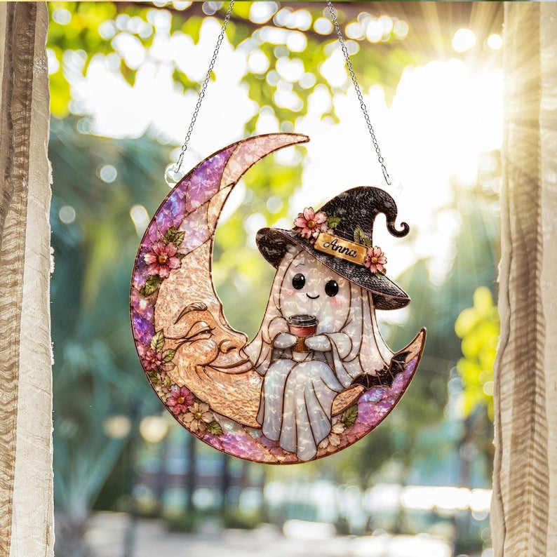 Custom Name Boo Coffee Suncatcher, Personalized Halloween Decor, Cute Ghost Ornament, Gift for Coffee Lover