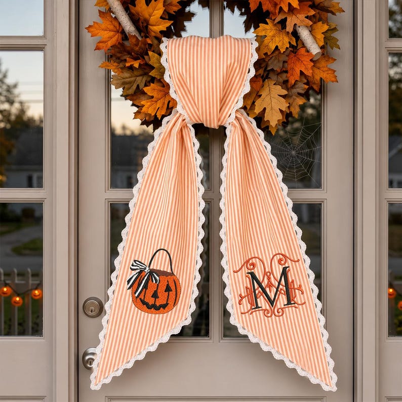 Personalized Halloween Wreath Sash, Embroidered Ghost Door Decor, Seersucker Stripe Monogram Ribbon