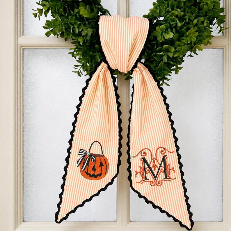 Personalized Halloween Wreath Sash, Embroidered Ghost Door Decor, Seersucker Stripe Monogram Ribbon