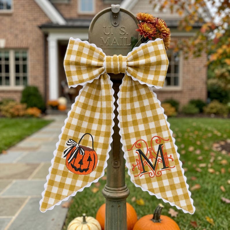 Personalized Halloween Wreath Sash, Embroidered Ghost Door Decor, Seersucker Stripe Monogram Ribbon