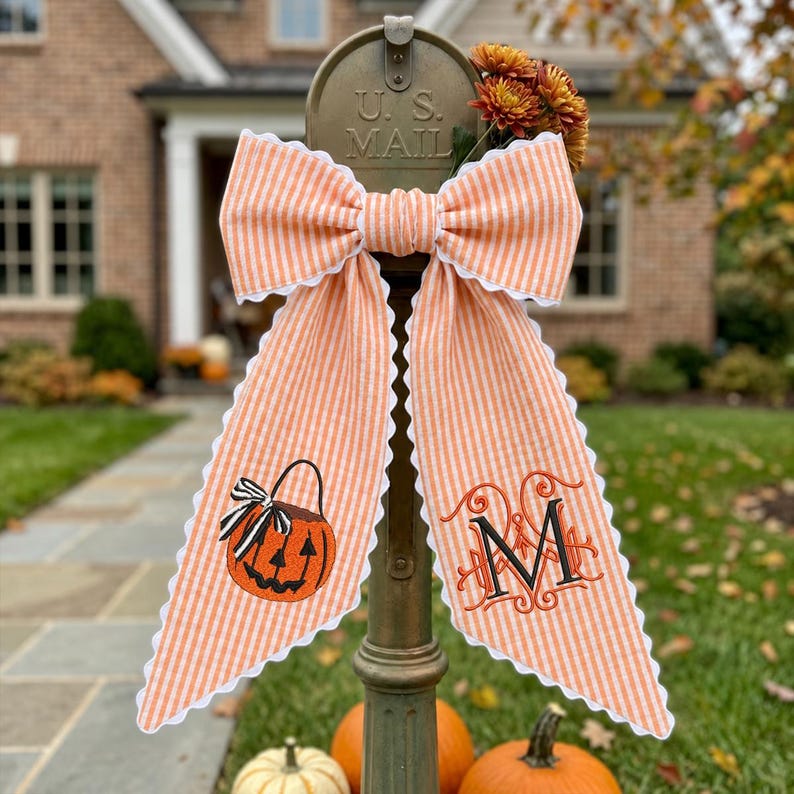 Personalized Halloween Wreath Sash, Embroidered Ghost Door Decor, Seersucker Stripe Monogram Ribbon