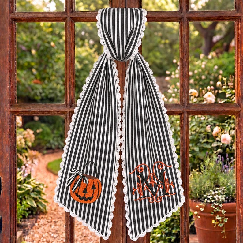 Personalized Halloween Wreath Sash, Embroidered Ghost Door Decor, Seersucker Stripe Monogram Ribbon