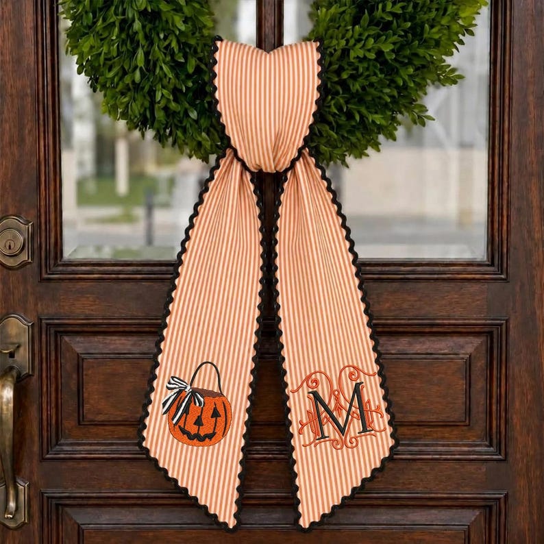 Personalized Halloween Wreath Sash, Embroidered Ghost Door Decor, Seersucker Stripe Monogram Ribbon