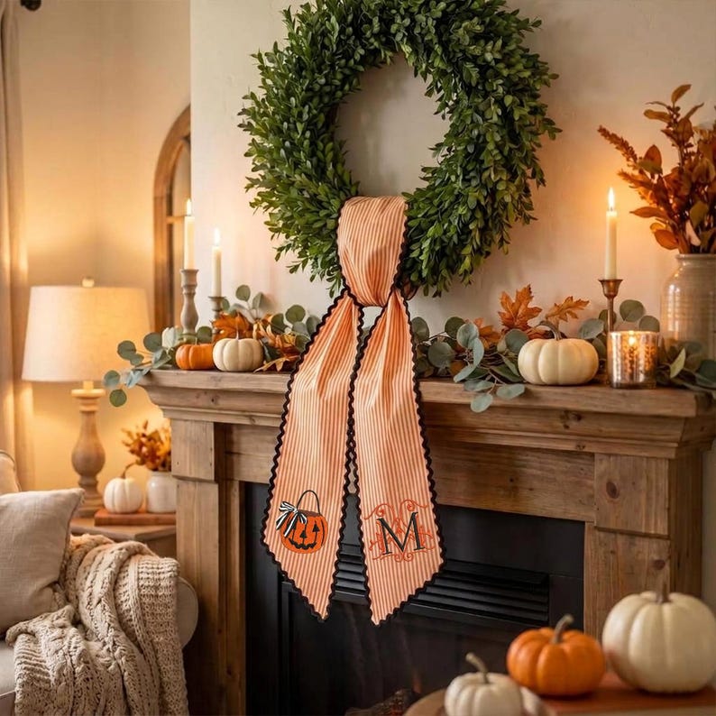 Personalized Halloween Wreath Sash, Embroidered Ghost Door Decor, Seersucker Stripe Monogram Ribbon
