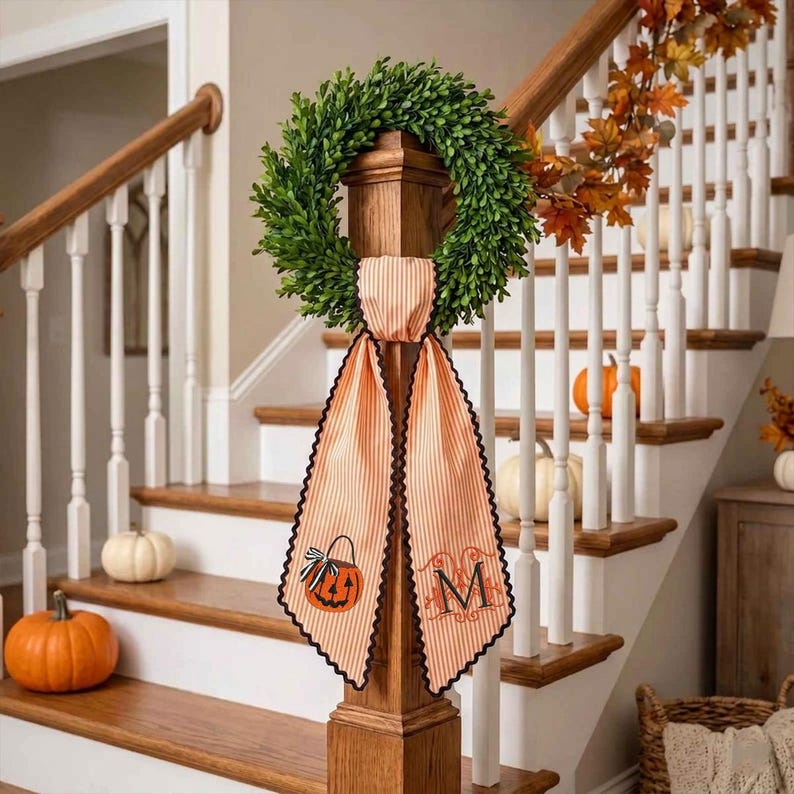 Personalized Halloween Wreath Sash, Embroidered Ghost Door Decor, Seersucker Stripe Monogram Ribbon
