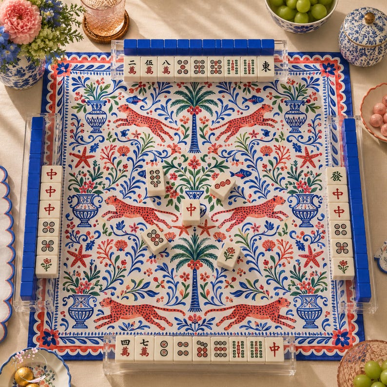 Blue Leopard Chinoiserie Mahjong Mat, Blue White Tropical Palm Beach Game Mat, Coastal Preppy Gift