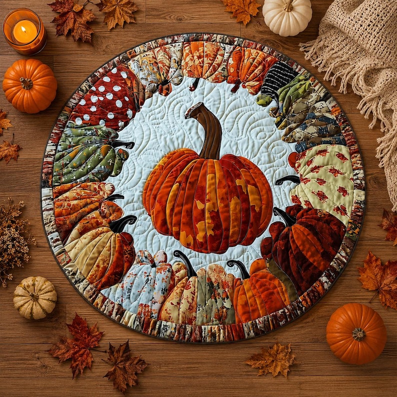Round Pumpkin Rug, Fall Quilted Area Mat, Patchwork Thanksgiving Decor, Autumn Farmhouse Floor Decor