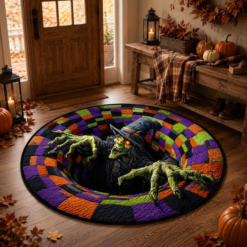 3D Witch Halloween Round Rug, Spooky Haunted House Floor Mat, Creepy Decor