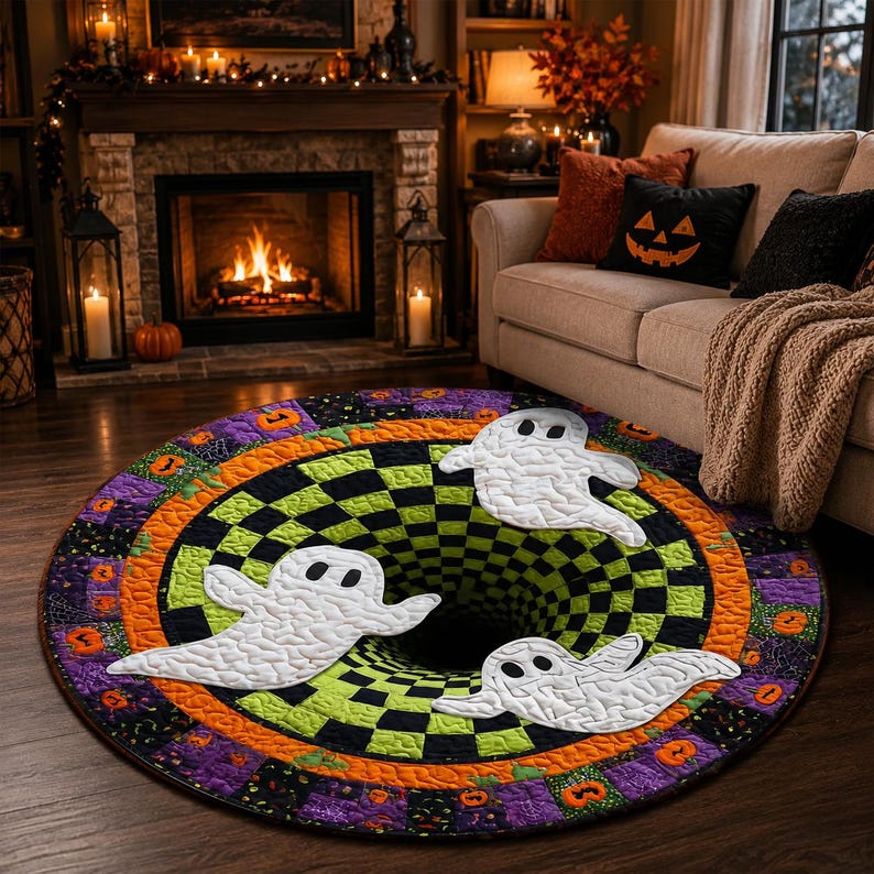 3D Ghost Halloween Rug, Round Spooky Area Rug, Green Black Checkerboard Floor Mat, Hot Haunted House Decor