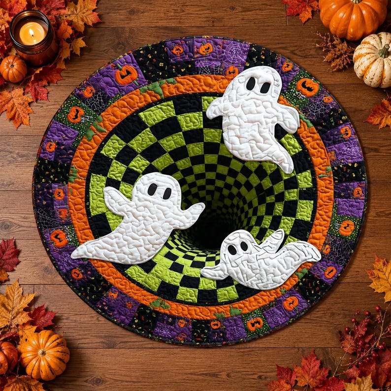 3D Ghost Halloween Rug, Round Spooky Area Rug, Green Black Checkerboard Floor Mat, Hot Haunted House Decor