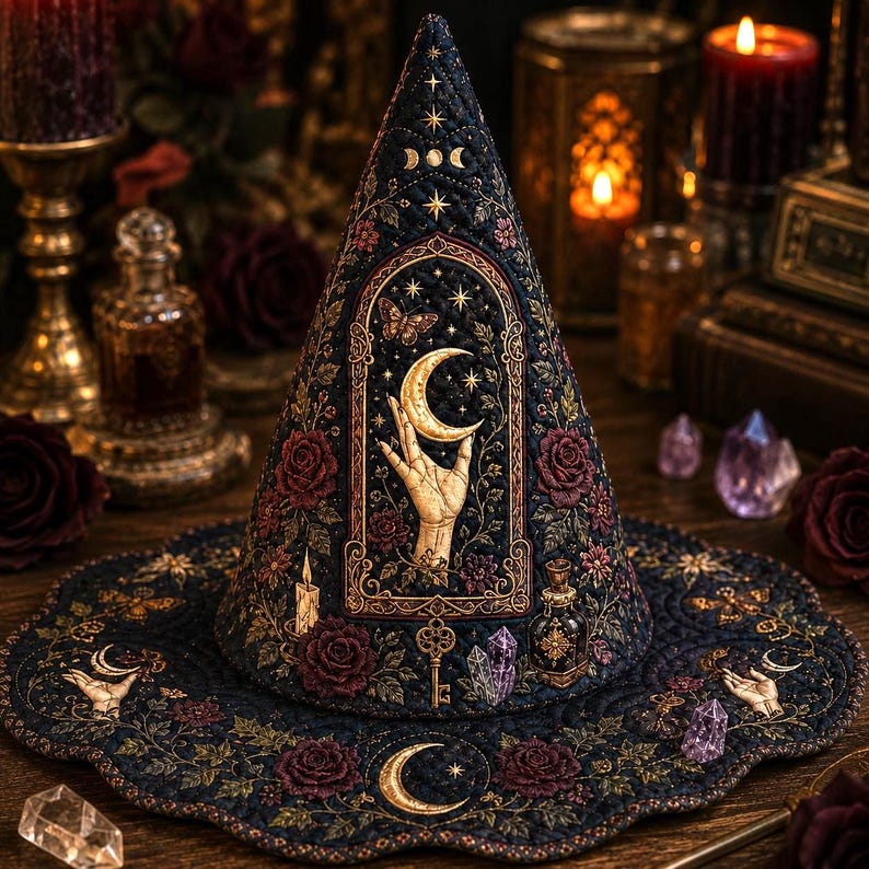 Celestial Quilted Witch Hat Decor, Crescent Moon Hand Crystal Rose Halloween Centerpiece, Gothic Witchy