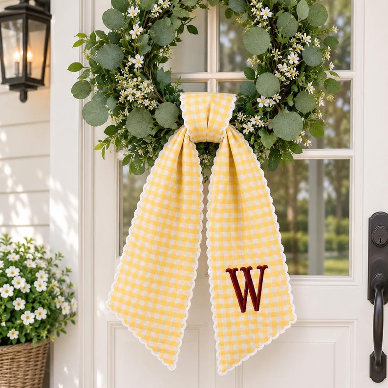 Personalized Embroidered Wreath Sash, Custom Monogram Wedding Door Bow, Stripe Wedding Sash
