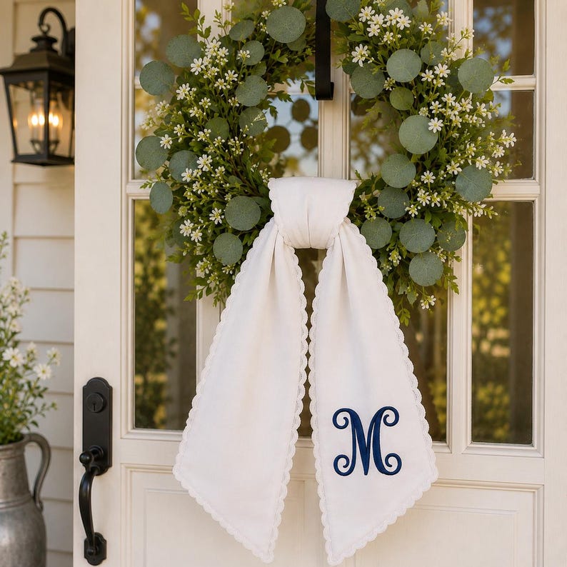 Personalized Embroidered Wreath Sash, Custom Monogram Wedding Door Bow, Stripe Wedding Sash