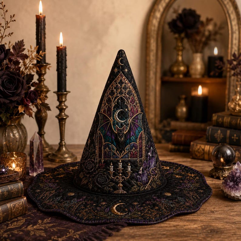 Gothic Bat Quilted Witch Hat, Stained Glass Moon Halloween Centerpiece, Cathedral Witchy Table Decor