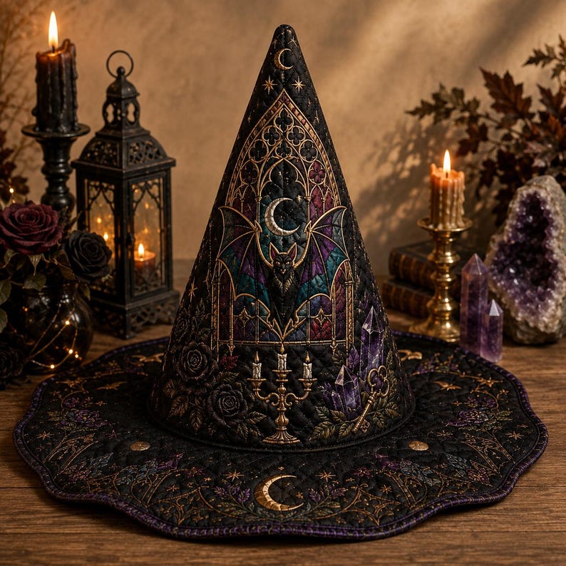 Gothic Bat Quilted Witch Hat, Stained Glass Moon Halloween Centerpiece, Cathedral Witchy Table Decor