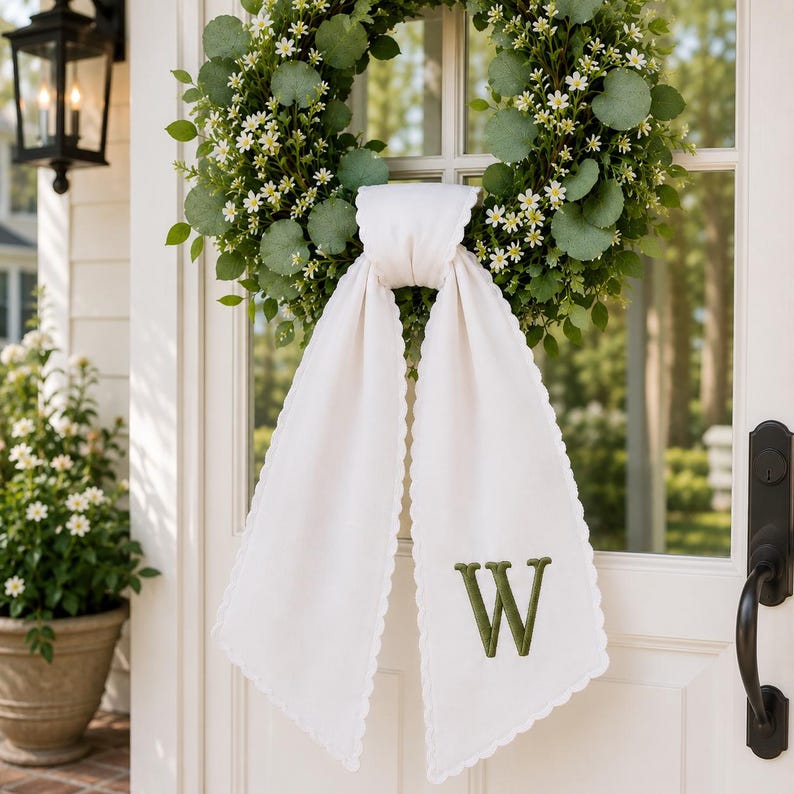 Personalized Embroidered Wreath Sash, Custom Monogram Wedding Door Bow, Stripe Wedding Sash