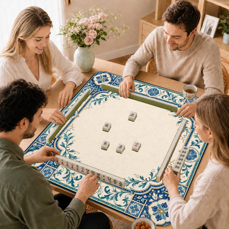 Blue Tile Mahjong Mat, Mediterranean Floral Mah Jongg Table Mat, Elegant Ceramic Pattern Game Mat