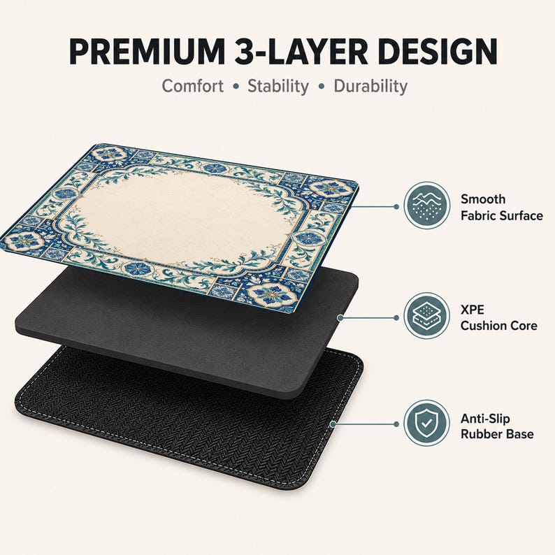 Blue Tile Mahjong Mat, Mediterranean Floral Mah Jongg Table Mat, Elegant Ceramic Pattern Game Mat