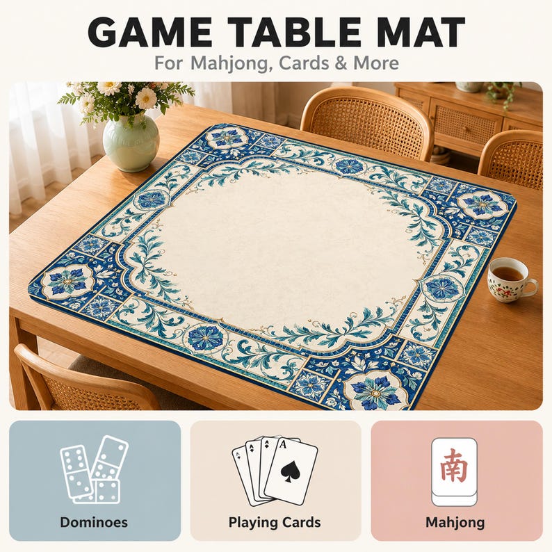 Blue Tile Mahjong Mat, Mediterranean Floral Mah Jongg Table Mat, Elegant Ceramic Pattern Game Mat