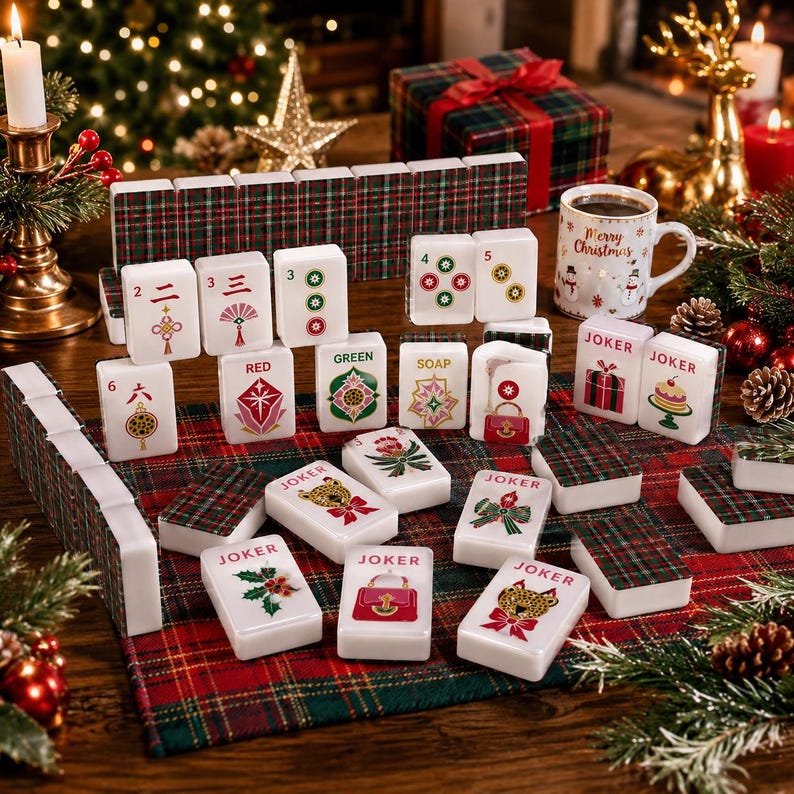 Christmas Mahjong Tiles Set, Holiday Mahjong Game, Festive American Mahjong Tiles, Plaid Tile Backs