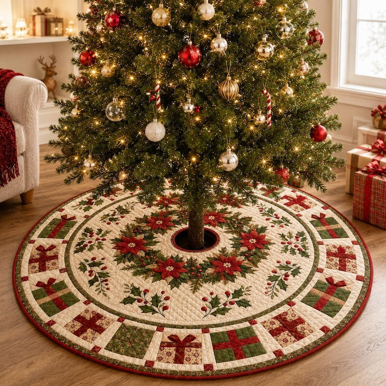 Quilted Christmas Tree Skirt, Poinsettia Holly Patchwork, Red Green Holiday Tree Decor, Traditional Christmas Tree Base Cover