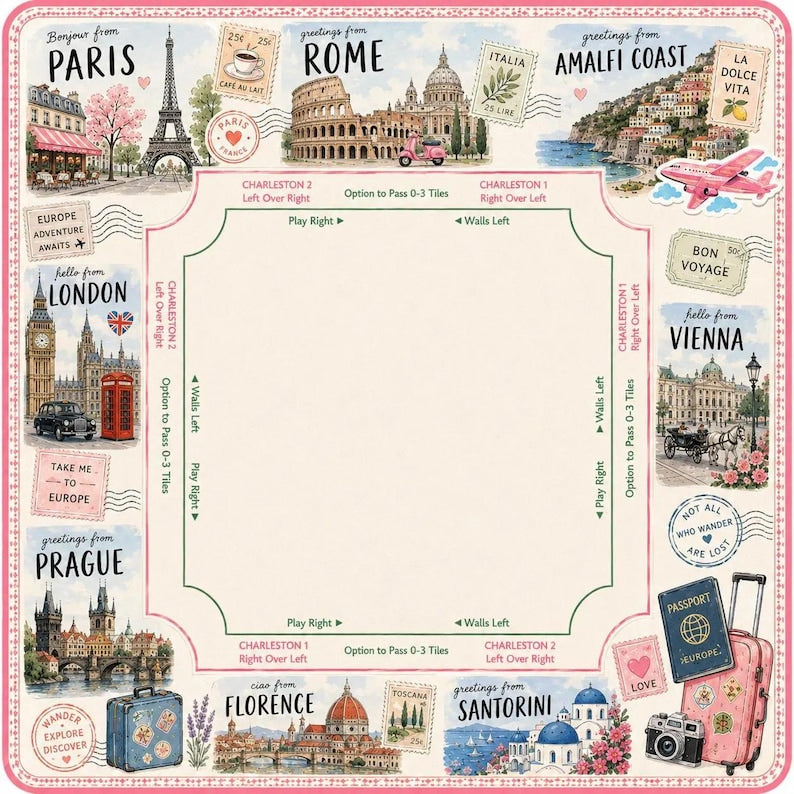 Travel Mahjong Mat, Paris London NYC Game Cover, Pink Passport Girls Trip