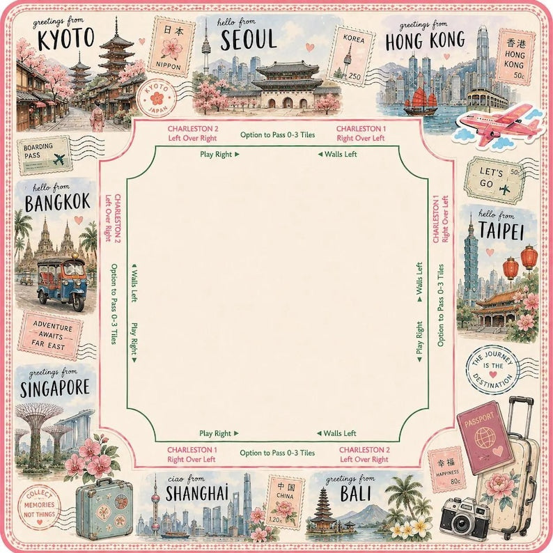 Travel Mahjong Mat, Paris London NYC Game Cover, Pink Passport Girls Trip
