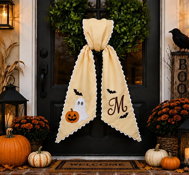 Personalized Halloween Ghost Wreath Sash, Custom Name Embroidered Bat Monogram Gingham Door Bow, Spooky Front Door Decor