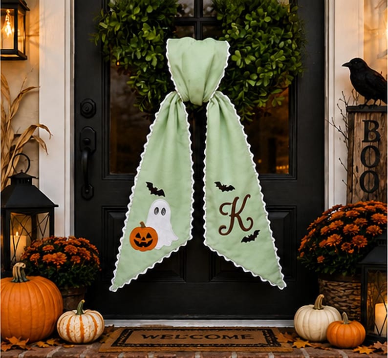 Personalized Halloween Ghost Wreath Sash, Custom Name Embroidered Bat Monogram Gingham Door Bow, Spooky Front Door Decor