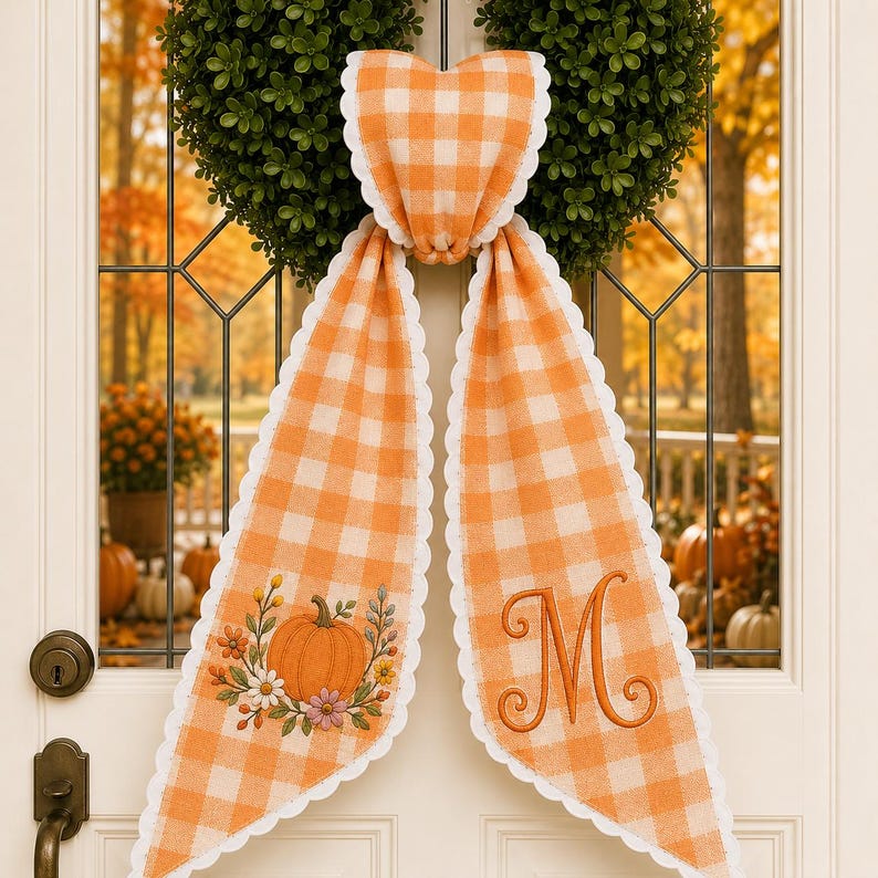 Personalized Pumpkin Monogram Wreath Sash, Custom Embroidered Fall Season Gingham Door Bow, Thanksgiving Front Door Decor