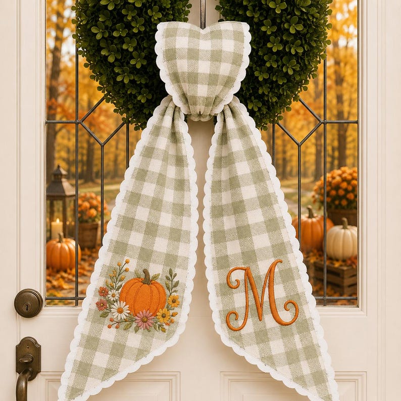 Personalized Pumpkin Monogram Wreath Sash, Custom Embroidered Fall Season Gingham Door Bow, Thanksgiving Front Door Decor