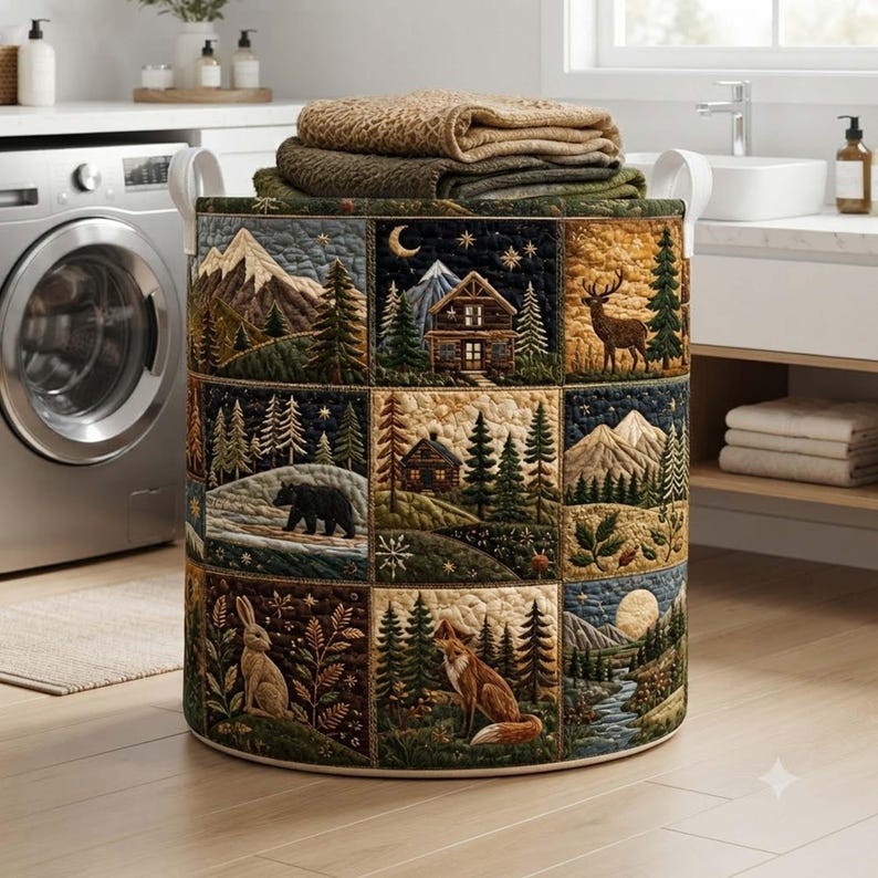 Rustic Woodland Quilted Laundry Basket, Forest Wildlife Fabric Hamper, Nature Lover Gift