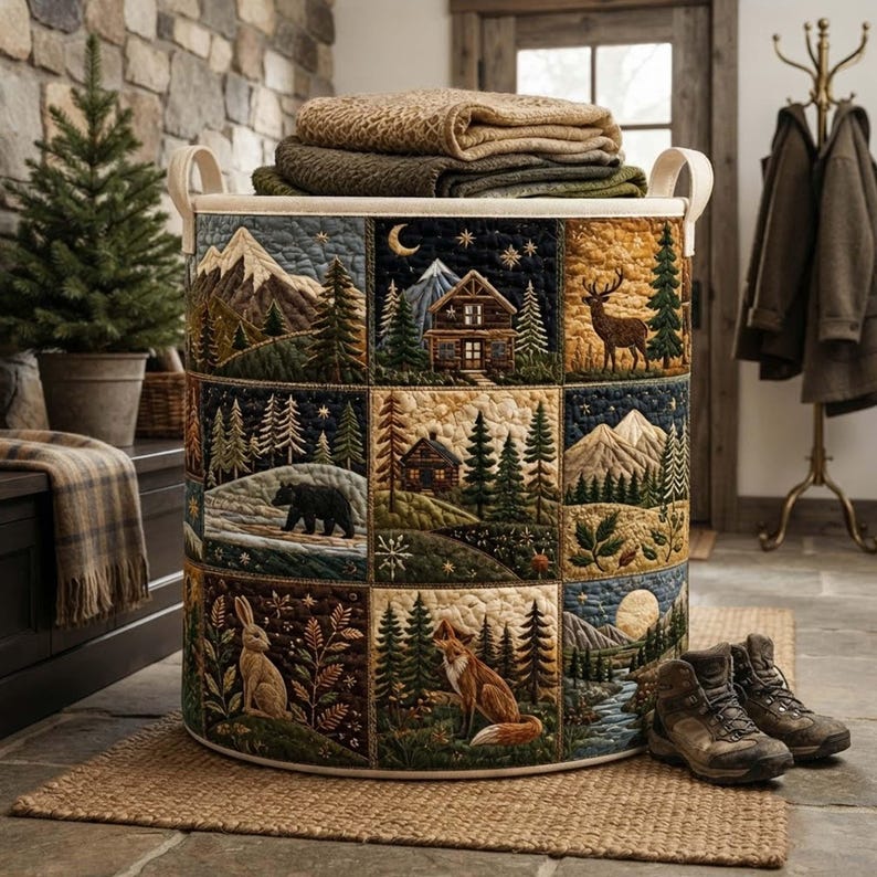 Rustic Woodland Quilted Laundry Basket, Forest Wildlife Fabric Hamper, Nature Lover Gift