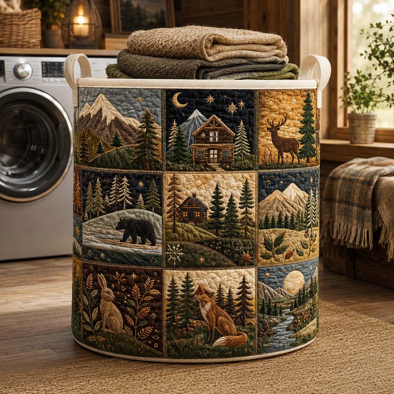 Rustic Woodland Quilted Laundry Basket, Forest Wildlife Fabric Hamper, Nature Lover Gift